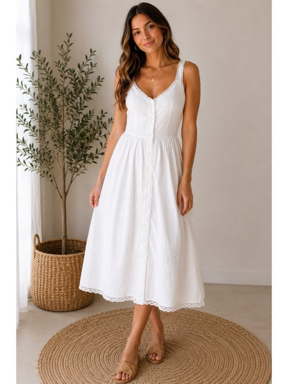 Universal Thread White Button Front Midi Dress XL Cotton Lace Trim Boho.WL299 - Picture 1 of 6